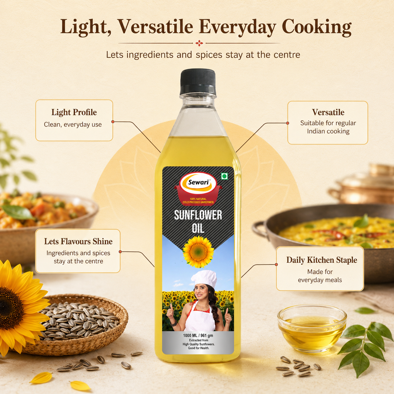 Sewari Cold Pressed Sunflower Oil. Explains the profile and uses of sunflower oil