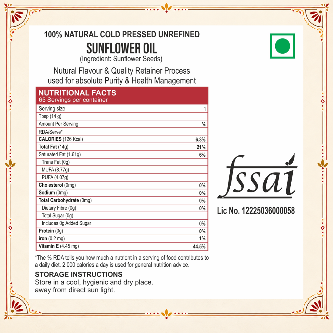 Sewari Cold Pressed Sunflower Oil FSSAI License