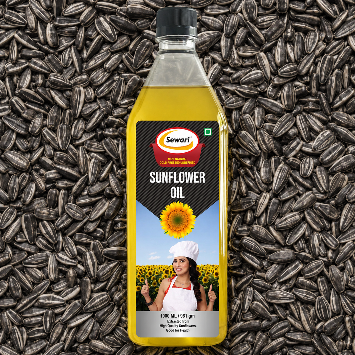Sewari Cold Pressed Mix Blend Oil. Shows sunflower seeds in the background