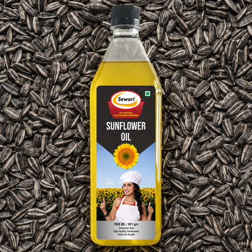 Sewari Cold Pressed Mix Blend Oil. Shows sunflower seeds in the background