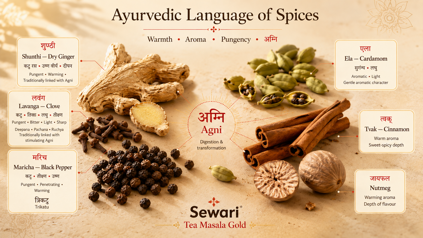 Sewari Tea Masala Gold. Explains ayurvedic properties of 6 spices. Cardamom, Cinnamon, Nutmeg, Ginger, Black Pepper, Clove