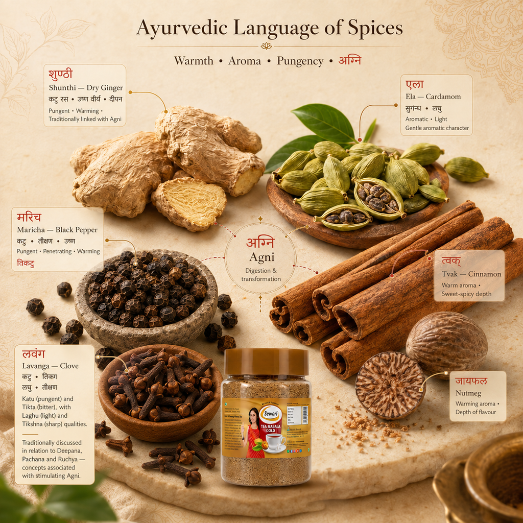 Sewari Tea Masala Gold. Explains ayurvedic concept of Agni, digestions and transformation. Ayurvedic properties of 6 spices mix of Cardamom, Cinnamon, Nutmeg, Ginger, Black Pepper