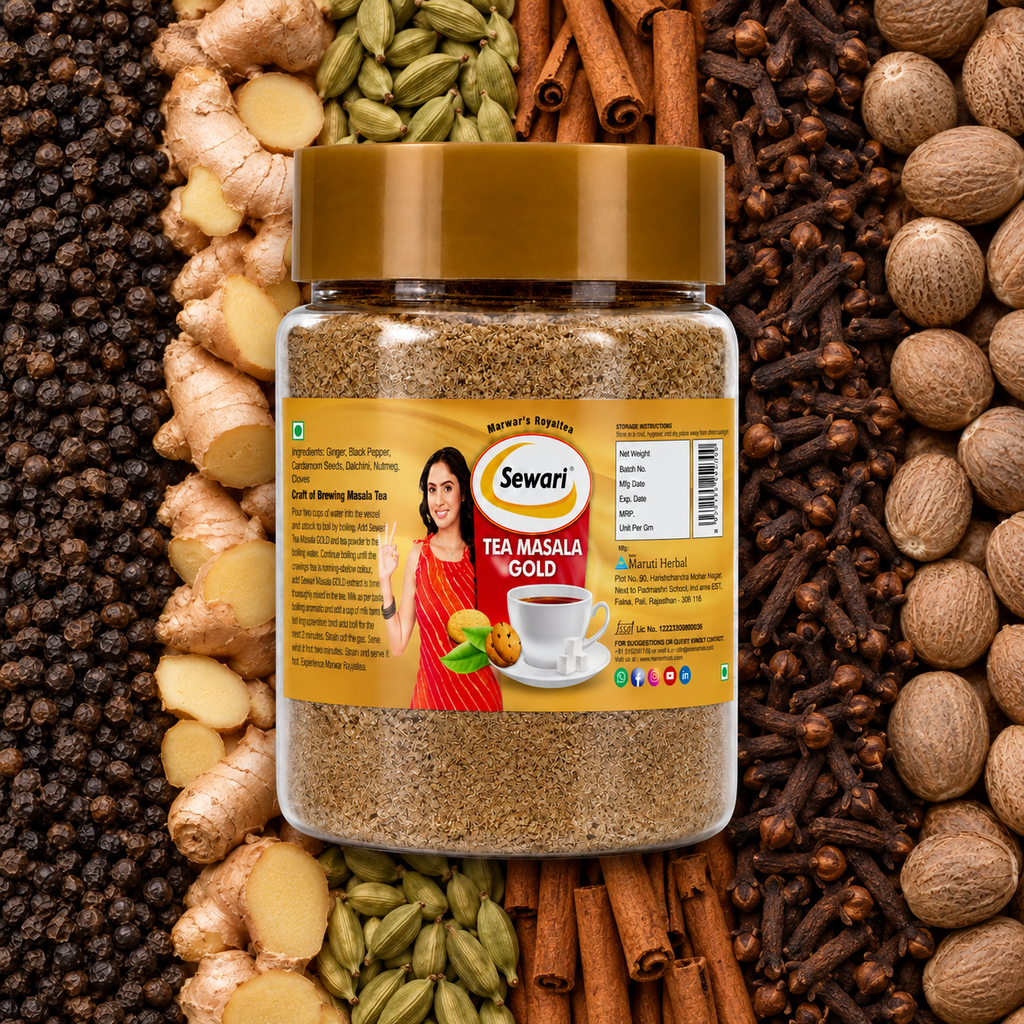 Sewari Tea Masala Gold. Shows 6 spices in the background, black pepper, ginger, cardamom, cinnamon, clove, nutmeg.