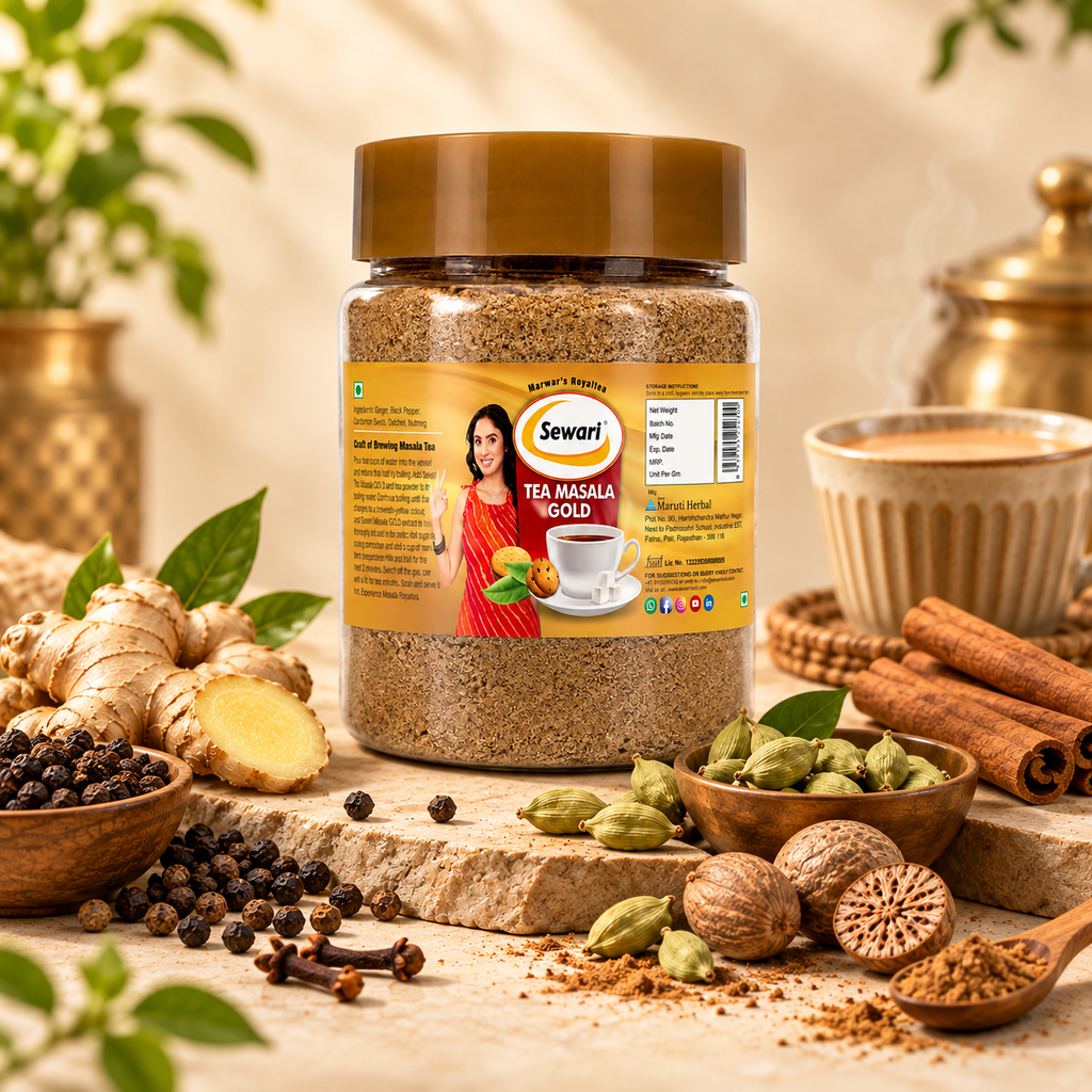 Sewari Tea Masala Gold. Shows 6 spices around, black pepper, ginger, cardamom, cinnamon, clove, nutmeg.