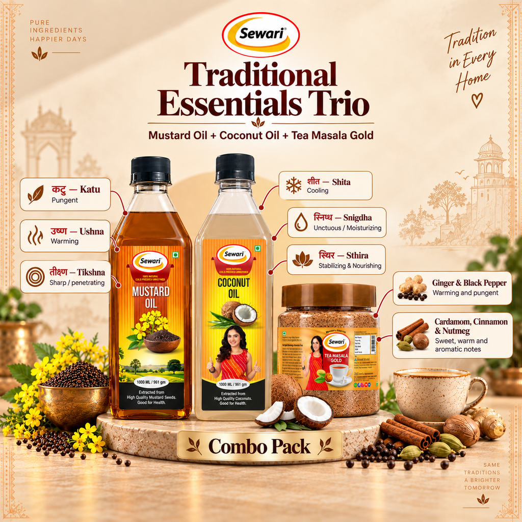 Sewari Everyday Essentials Trio. Explains the ayurvedic concepts behind Cold Pressed Coconut Oil, Cold Pressed Mustard Oil, Tea Masala Gold