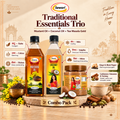 Sewari Everyday Essentials Trio. Explains the ayurvedic concepts behind Cold Pressed Coconut Oil, Cold Pressed Mustard Oil, Tea Masala Gold