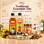 Sewari Everyday Essentials Trio. Explains the ayurvedic concepts behind Cold Pressed Coconut Oil, Cold Pressed Mustard Oil, Tea Masala Gold