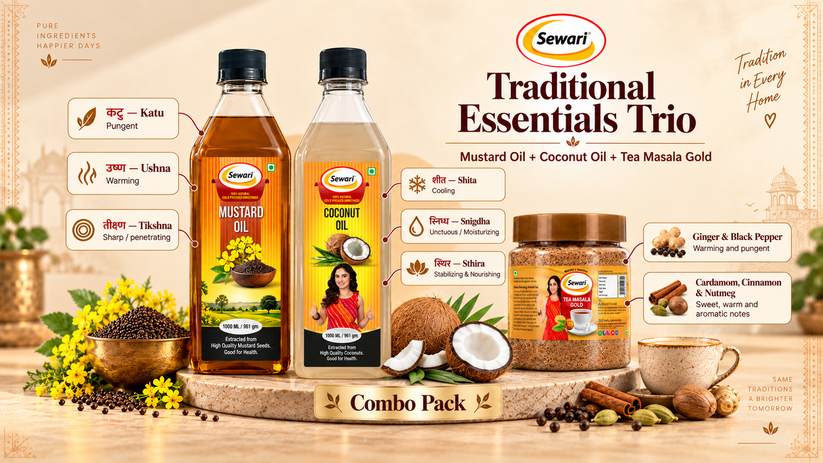 Sewari Everyday Essentials Trio. Explains the ayurvedic concepts behind Cold Pressed Coconut Oil, Cold Pressed Mustard Oil, Tea Masala Gold