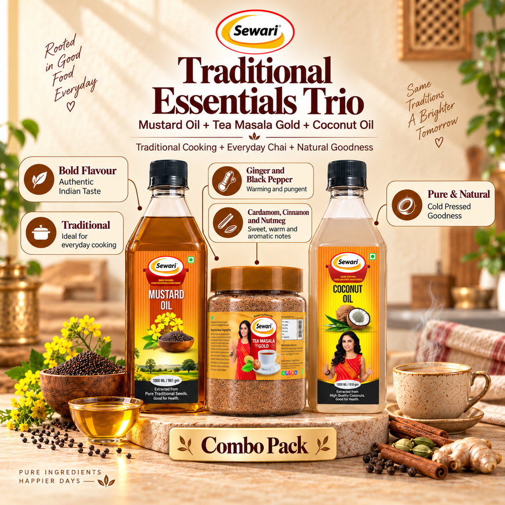Sewari Everyday Essentials Trio. Cold Pressed Coconut Oil, Cold Pressed Mustard Oil, Tea Masala Gold