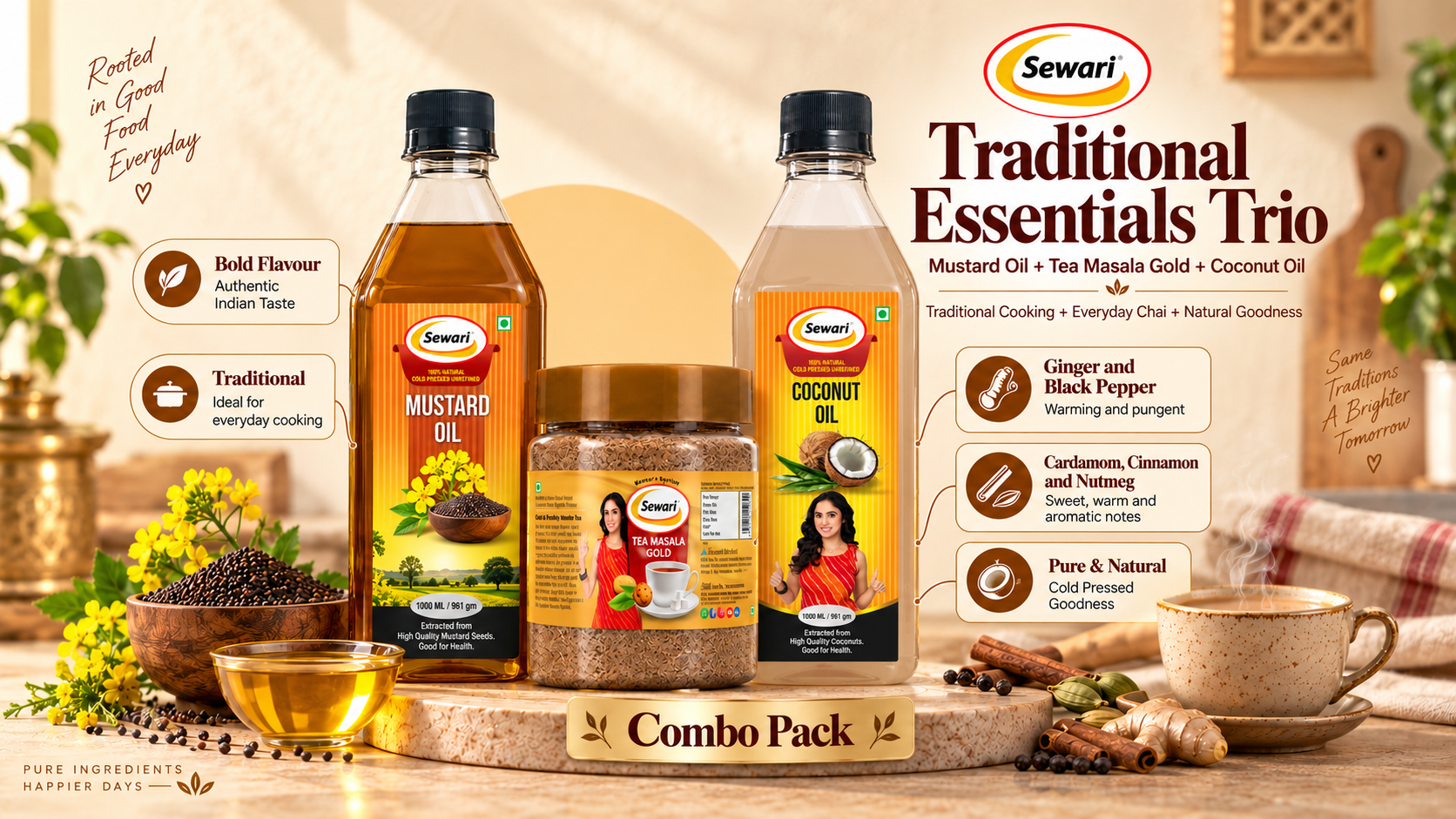 Sewari Everyday Essentials Trio. Cold Pressed Mustard Oil, Cold Pressed Coconut Oil, Tea Masala Gold