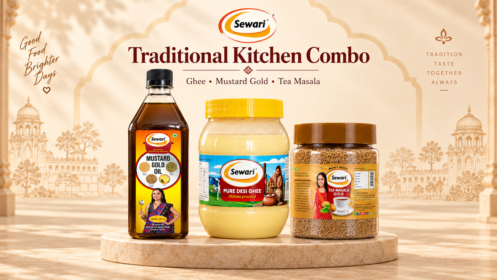 Sewari Traditional Kitchen Combo. Cold Pressed Mustard Gold Oil, Pure Desi Ghee Bilona Process, Tea Masala Gold