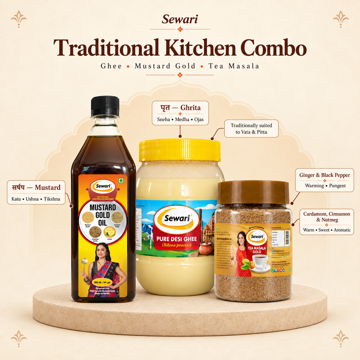 Sewari Traditional Kitchen Combo. Explains the ayurvedic concepts behind Cold Pressed Mustard Gold Oil, Pure Desi Ghee Bilona Process, Tea Masala Gold