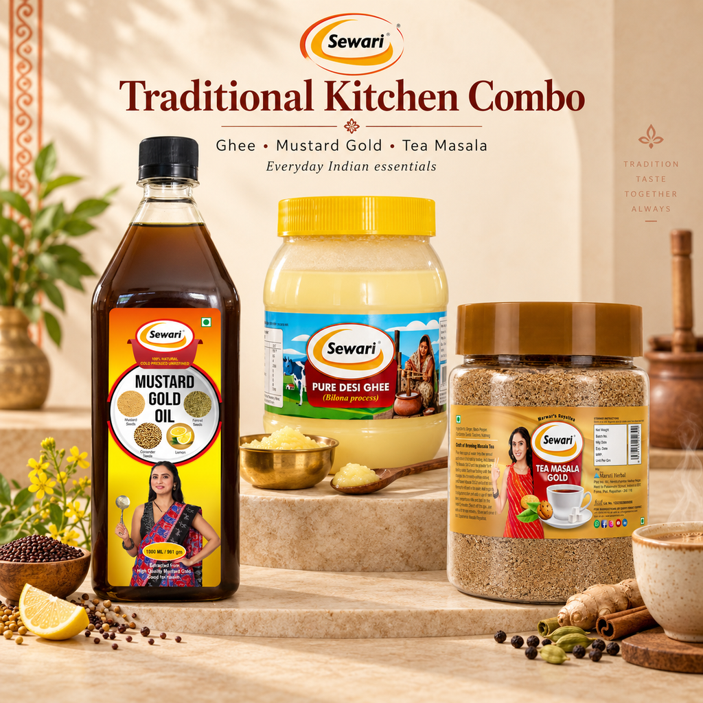 Sewari Traditional Kitchen Combo. Cold Pressed Mustard Gold Oil, Pure Desi Ghee Bilona Process, Tea Masala Gold